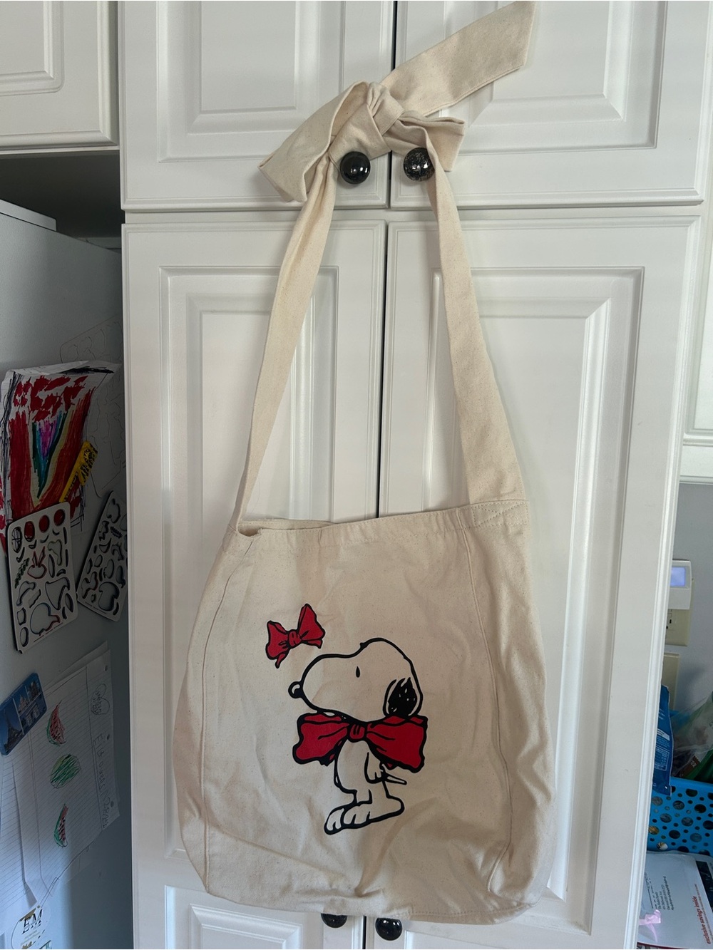 Canvas Tote Bag with Red Snoopy Bow Print